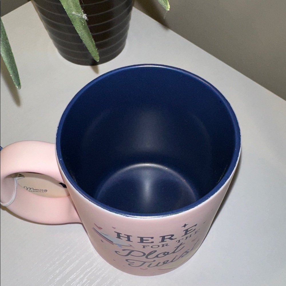 Pink 'Here for the Plot Twist' coffee mug blue inside book lover NWT - Picture 2 of 4